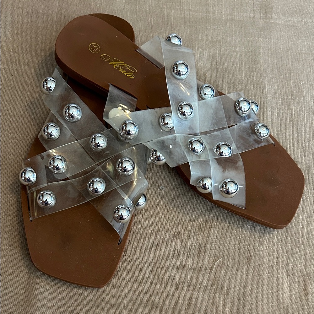 NWOT Chic Transparent Sandals with Silver Accents